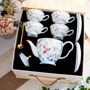 British Afternoon <b>Tea</b> <b>Set</b> One <b>Pot</b> Four Cups Flower Bird Coffee Cup Saucer Light Luxury Housewarming Gift Premium Gift Box - Product Image 3