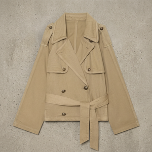 Gabardina Corta para Mujer, Color Beige, de Algodón, con Solapa, Doble Botonadura y Cinturón, Estilo Vintage para Otoño - Product Image 4