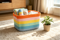 Panier de rangement rectangulaire pliable en corde de coton tressée à rayures arc-en-ciel, écologique, avec poignées, pour jouets d'enfants, vêtements, chambre d'enfant, salon