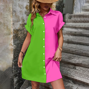 Femmes élégant ample à manches courtes été revers jupe bouton poche robe de soirée grande taille couleur bloc tombé droite - Product Image 2