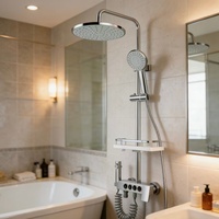 Ensemble de douche haut de gamme en laiton épaissi, autonettoyant, à commande par bouton, avec 3/4 modes de pression, 180 °   Robinet mitigeur chaud/froid, étagère offerte