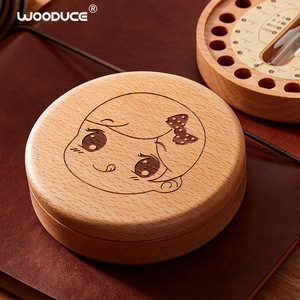 Wooduce Baby Tooth <b>Keepsake</b> <b>Box</b> Walnut Wood Round Cartoon Character Handmade Gift For Infants And Toddlers - Product Image 4