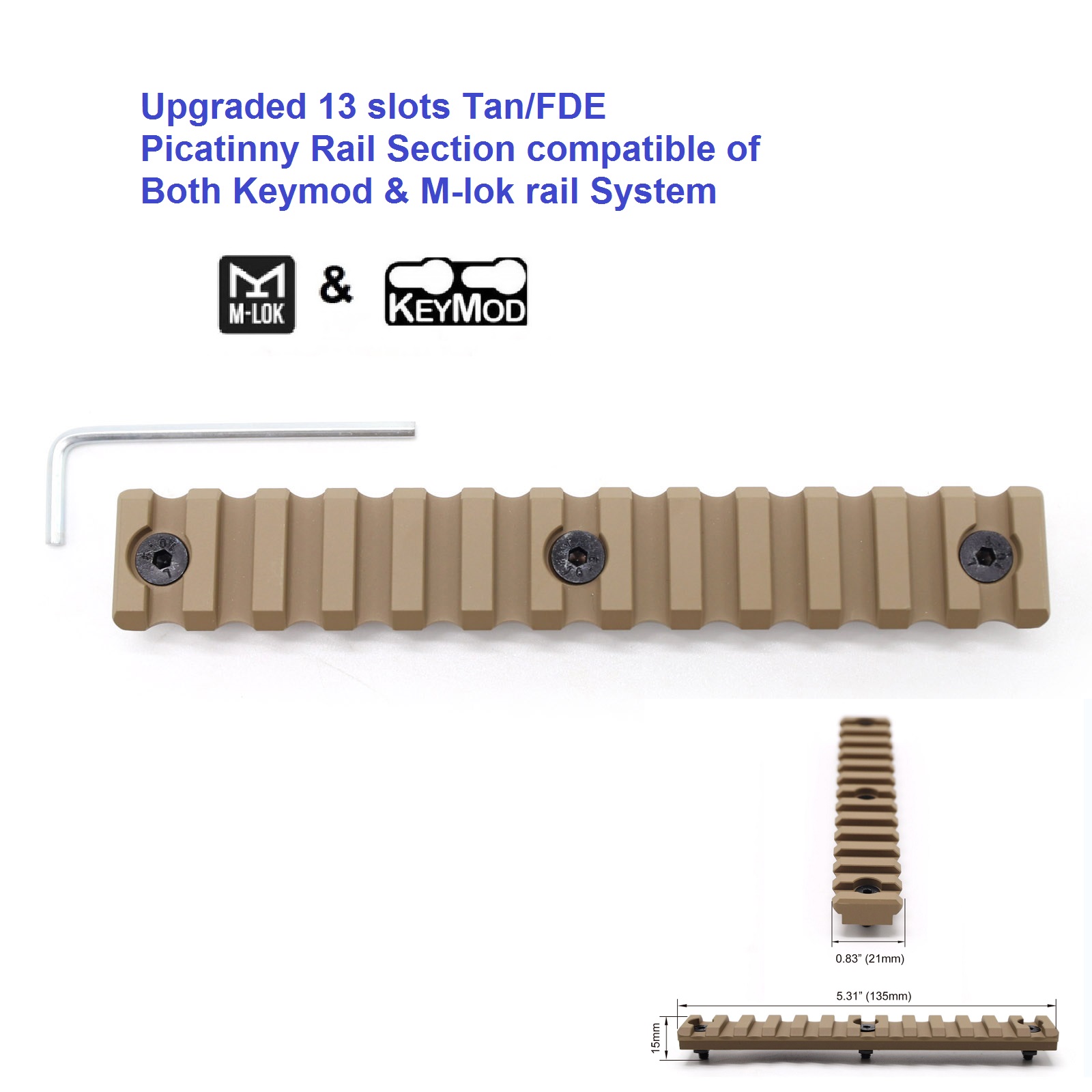 Aplus Universal Upgraded optional 3,5,7,9,11,13 slots Tan/FDE Picatinny Rail Section compatible of Both Keymod&M-lok rail System