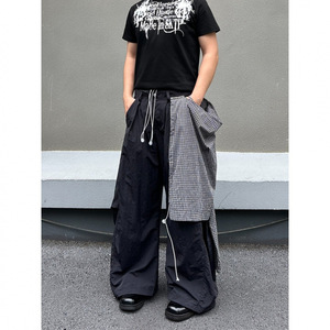 Pantalon large décontracté à carreaux noirs avec empiècements, taille élastiquée, style streetwear - Product Image 5
