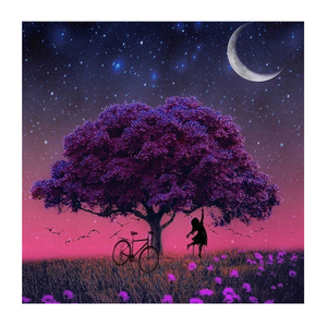 La bambina sotto la luna crescente e l'albero <span class=keywords><strong>viola</strong></span> - Pittura diamante fai da te, ricamo diamante completo, decorazione per la casa - Product Image 1