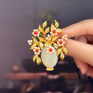 Nouvelle broche chinoise en forme de vase et de fleur, en jade Hetian naturel, corail de bambou et perle, plaquée or, cadeau - Product Image 3