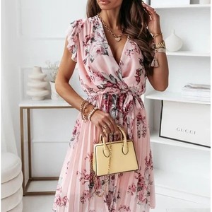 เดรสคอวีลายดอกไม้ ผู้หญิง สไตล์ลำลอง แขนสั้น เอวสูง ชุดเดรสผู้หญิงแบบพันรอบตัว - Product Image 1