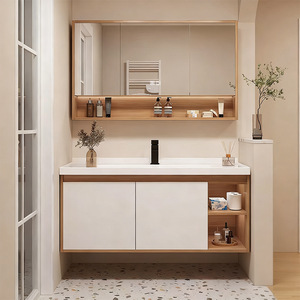Modern vanity bathroom cabinet storage <b>mirror</b> cabinet integrated rock sink <b>wall</b> mounted washbasin cabinet - Product Image 3