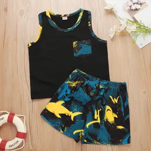 2021新款夏季男婴服装套装幼儿卡通鲨鱼印花T恤和短裤套装男婴男童衣服