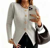 Damen Gerippter Strick-Cardigan mit Goldknöpfen Schmale Passform Langarm Offene Vorderseite Pullover für Herbst & Winter