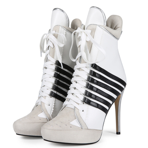 Sports Styles Women Stiletto Thin Heels Short Boots Big Size 47 Front Lace up Stripes Shoes Wide Fit <b>Ankle</b> Patchwork <b>Booties</b> - Product Image 3