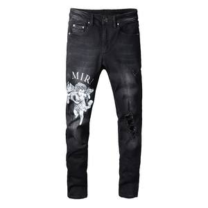 Jeans <span class=keywords><strong>en</strong></span> denim foncé épais 300 g/m² style rétro pour homme, coupe ajustée, effet vieilli, impression DTG par pulvérisation directe, streetwear, fabrication OEM - Product Image 2