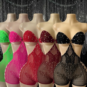 Mono de rejilla con cuello halter y pedrería, estilo bodycon, para danza exótica, discoteca y stripper - Product Image 2