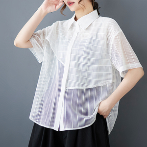 2025 New Plus Size Casual Office <strong>Blouse</strong> for Women Loose Mesh Panel Short Sleeve Shirt Stand Collar Solid Summer Top Simple Style - Product Image 2