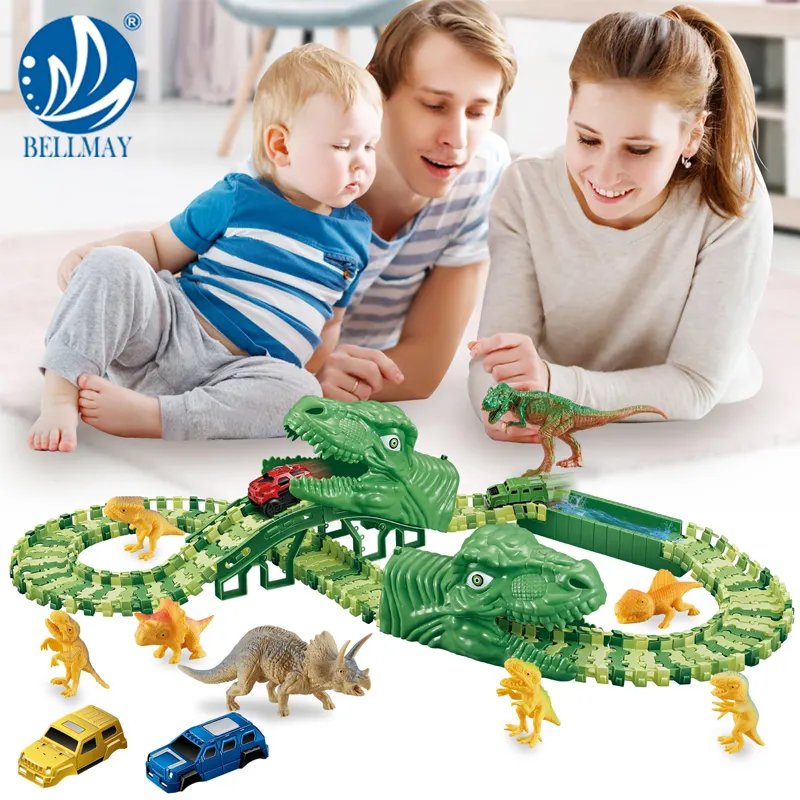 Bemay Speelgoed Kids 120Pcs Dinosaurus Auto Track Play Set Diy Race Road Trein Set Dinosaurus Speelgoed