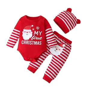 Green Horizon Christmas Infant Outfits Toddler boy girl romper pants hats 3pcs clothes newborn Santa long sleeve sets for babies