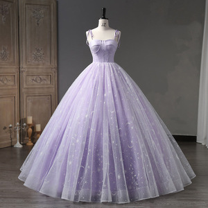 Halter Neck Sequined Chiffon Ball Gown Taro Purple Evening Dress For Art Exam Runway Show - Product Image 3