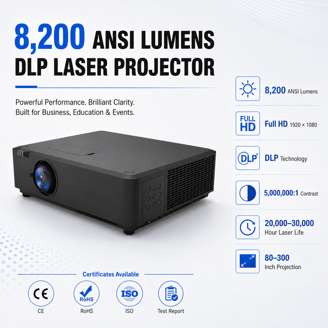 Large Screen 80-300 Inch 8200 Lumen DLP Laser Projector with 360° Installation for Commercial Use