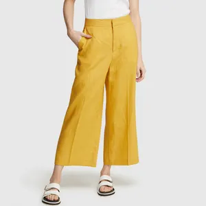 Özel moda düz sarı pantolon pantolon kadın rahat geniş bacak kırpılmış 100% keten pantolon