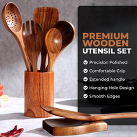 Coffret Cadeau 9 Pièces Ustensiles de Cuisine en Teck Naturel avec Repose-Cuillère – Spatule, Fourchette à Salade, Cuillère en Bois