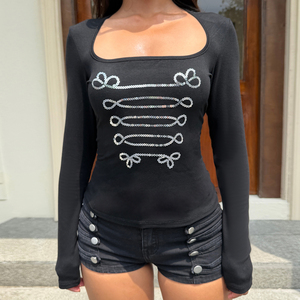 T-shirt pour femme à col carré et manches longues, broderie de sequins, coupe ajustée, tricot extensible, style Y2K gothique vintage, streetwear décontracté - Product Image 1