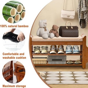 Double Layer Bamboo <b>Shoe</b> <b>Rack</b> Bench Japanese Style With <b>Storage</b> For Entryway - Product Image 4