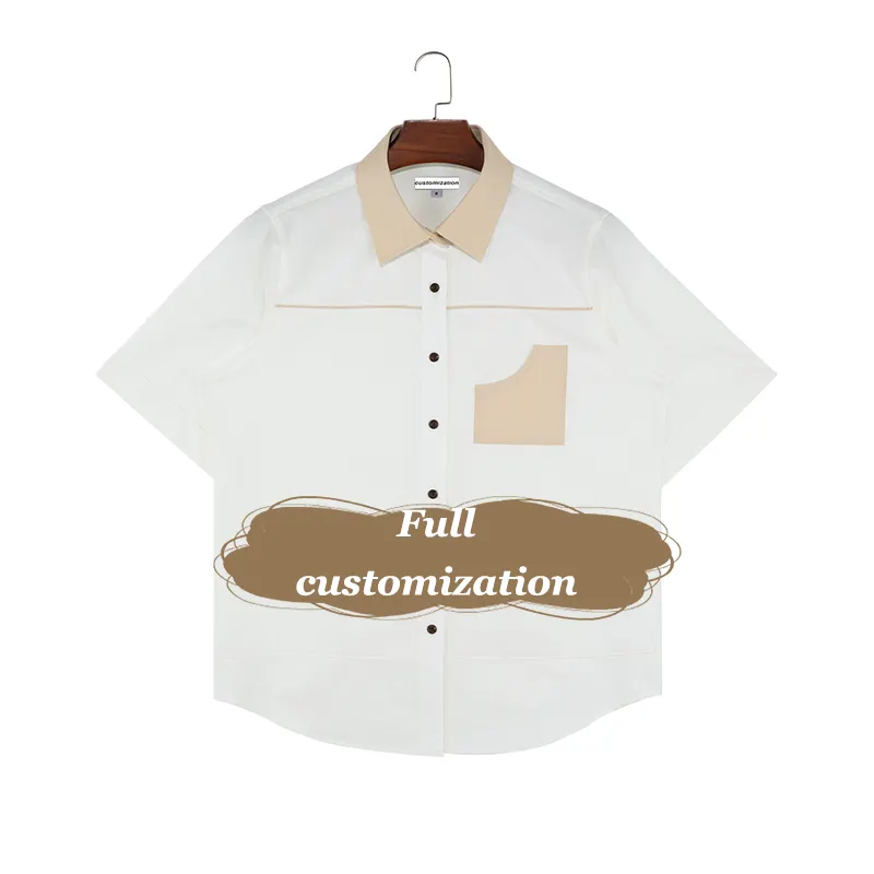 Camisa de algodão liso com botões para homens, camisas de trabalho de construção com logotipo personalizado de desenho de mangas curtas e retalhos com bloqueio de cores