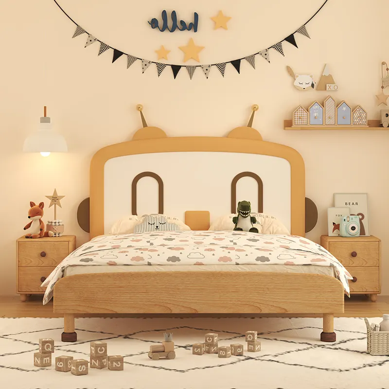 ウォールナット無垢材ホームセーフ木製ベッドキッズベッドルームセット家具クラシックキングサイズウッドダブルベッド