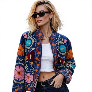 Floral Embroidered Quilted Denim Bomber <b>Jacket</b> <b>Mandarin</b> <b>Collar</b> Regular Length Women's Spring Outerwear Export Quality Handmade - Product Image 1