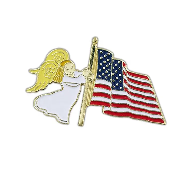 Custom Pin Lapel Patriotic Cross with Waving U.S.A. American Flag Christian Hard Enamel Pin