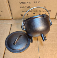 Petit pot à frire en fonte avec couvercle et poignée de transport, pré-culotté, noir, à trois pieds, type Potjie