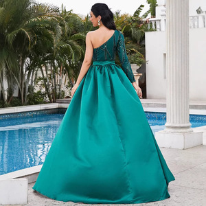 Robe de soirée asymétrique à sequins, couleur unie verte, taille mi-haute, pour banquet formel - Product Image 2