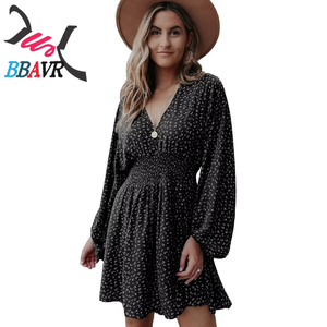 European and American <b>Style</b> Women S Pullover Vneck Dress With Long Sleeves and Pleated Waistband - Product Image 5