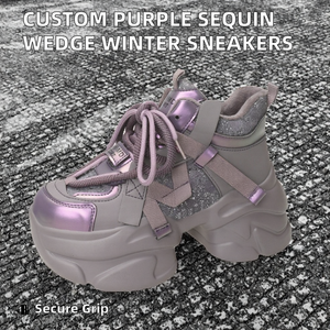 Dropshipping, logo personnalisé, chaussures de mode, paillettes violettes, hiver, femmes, baskets décontractées, plateforme, antidérapantes, talons compensés, chaussures de créateur - Product Image 2
