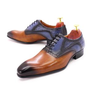 Zapatos Oxford Clásicos de Estilo Italiano, Color Azul-Marrón, Punta en Pico, de Cuero con Cordones, para Bodas, <span class=keywords><strong>Banquetes</strong></span>, Citas, Oficina, Vestir - Product Image 5
