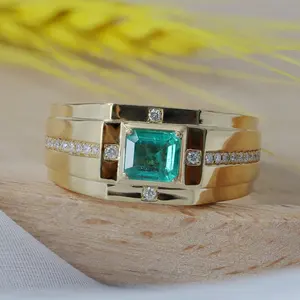 Bague en or jaune massif 22k 1CT en diamant émeraude naturel pour homme, bijoux de mariage de fiançailles de haute qualité