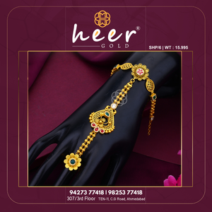 Elegant gold hathphool hand chain with intricate floral patterns and colorful <b>stones</b> perfect for festive wear bridal styling and - Product Image 2