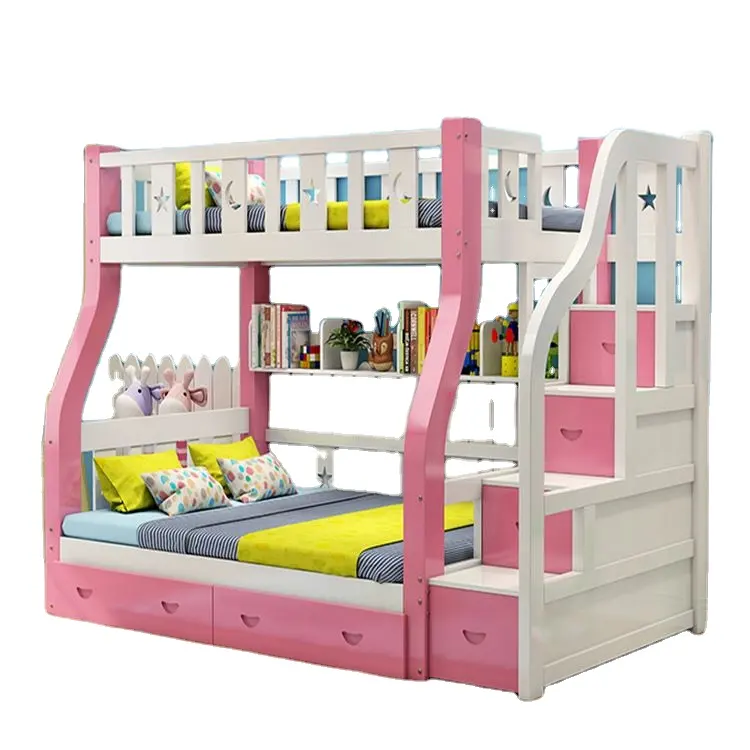 YQ JENMW Multifunctional Bedroom Solid Wooden Bedroom Furniture Double Bed Pink Blue Brown White Bunk Bed With Desk For Kids