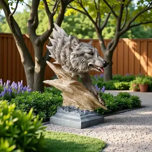 Sculpture en résine <span class=keywords><strong>de</strong></span> <span class=keywords><strong>tête</strong></span> <span class=keywords><strong>de</strong></span> <span class=keywords><strong>loup</strong></span> réaliste avec bouche ouverte et crinière fluide, finition pierre grise, statue d'animal, décoration <span class=keywords><strong>de</strong></span> jardin extérieur - Product Image 3