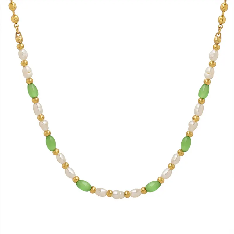 Nimai boho perline in acciaio inossidabile collana fatta a mano con pietre preziose opali verdi perle d'acqua dolce naturali oro