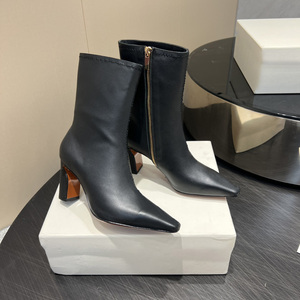 Bottines à talons hauts en cuir pour femmes, design de luxe, bout carré, bottes courtes tendance - Product Image 6