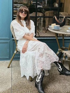 Aeleseen 2025 Đầm nữ dáng chữ A dài trung bình phong cách kỳ nghỉ Xuân Hè Mới thường ngày khâu ren rỗng tay đèn lồng - Product Image 2