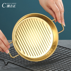 Stainless Steel Grill Pan With Handles Round Gold Color For <b>BBQ</b> Outdoor Cooking Kitchen Use - Product Image 2
