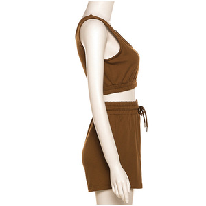 Femmes Jogging survêtement sans manches couleur unie Biker Shorts ensembles tricot côtelé deux pièces ensemble court femmes Shorts - Product Image 3