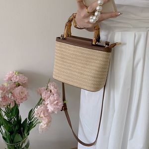 Sac bandoulière en paille tressée couleur abricot avec fermeture éclair, sac à main pour femme pour usage quotidien - Product Image 2