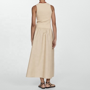 <span class=keywords><strong>Prix</strong></span> usine femmes nouvelle mode col rond sans manches Maxi robe élégante coton lin mélangé couleur unie lavable - Product Image 2