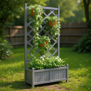 Pot de fleurs en plastique gris avec treillis, jardinière élégante de style rustique, bac de plantation extérieur pour usage en jardin - Product Image 2