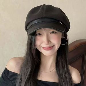 แหวนหนังสไตล์ลำลองเรียบง่ายสไตล์ญี่ปุ่นสำหรับผู้หญิงสำหรับฤดูหนาวหมวกจิตรกรใบเล็กทรงแปดเหลี่ยมสำหรับตกแต่งหน้า - Product Image 2