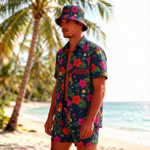 Conjunto de 3 Piezas Personalizado al por Mayor: Camisa Aloha, Pantalones Cortos y Sombrero de Pescador con Estampado Tropical para Vacaciones en la Playa, Estilo Caribeño Guayabera - Product Image 2