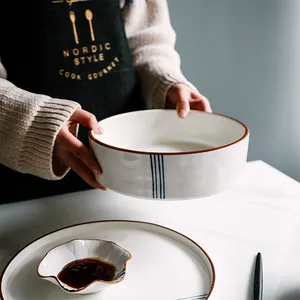 Venta al por mayor caliente de sopa de cerámica tazón-Cuenco de cerámica para sopa y ensalada, cuenco de 8 pulgadas de estilo Simple, Línea Azul, oferta